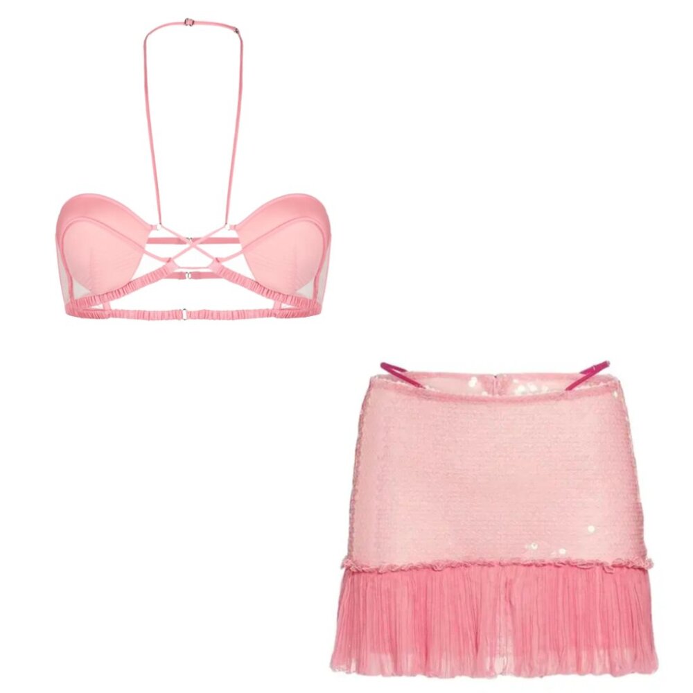 NENSI DOJAKA Pink Sequin Glitter Embellished Skirt and Halter Bra Set Size 0/XXS